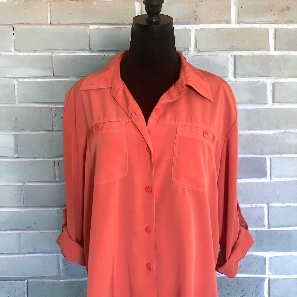 Kathy Che Button Down Shirt with Roll Tab Sleeves 2X